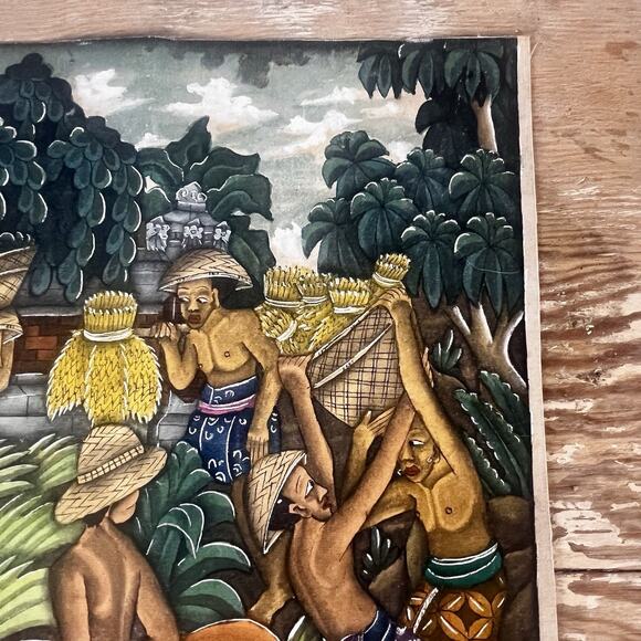 Vintage Balinese Gouache Painting I.BG Rai Bali Village Scene Rice Harvest 11x8” - Picture 11 of 15